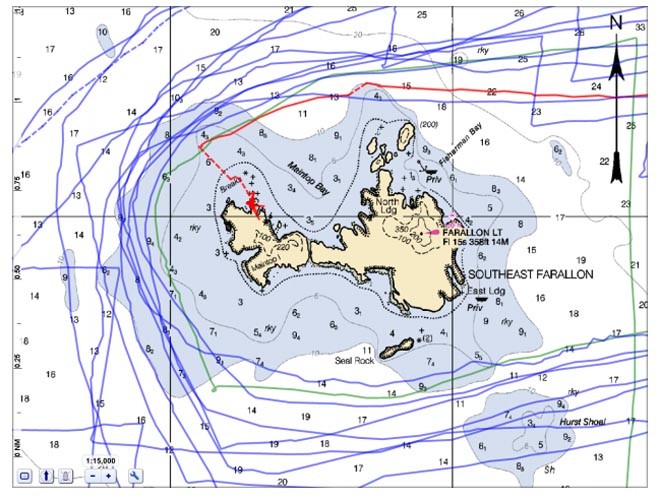 Low Speed Chase’s ’too close’ route is in red - notice one other boat took a similar route ©  SW
